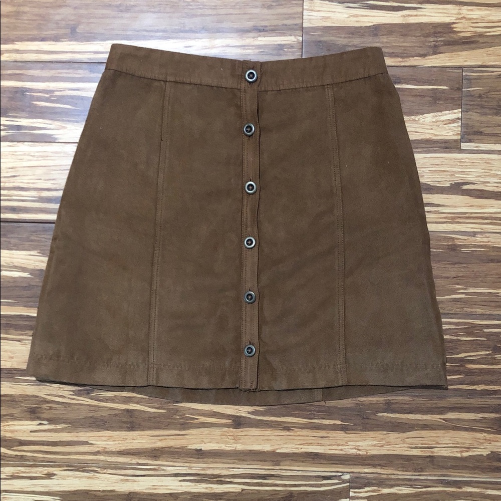 Brown Button-Front Faux Suede Skirt